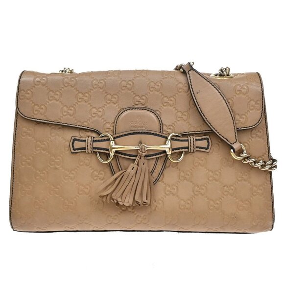 GUCCI Logo Emily Guccissima GG Pattern Chain Shoulder Bag Leather Beige 74KA690 - Picture 1 of 16